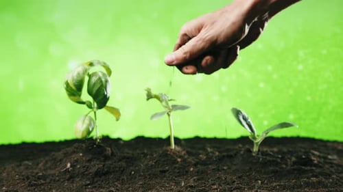 Hand adding Soil to Growing Plants on Green Screen