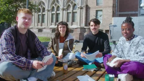 Group Portrait of College Friends Outdoors on Campus