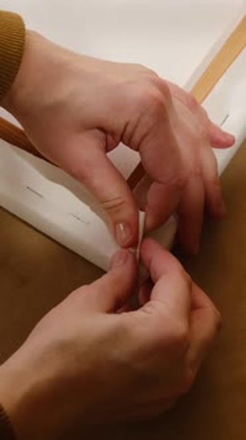 Hands Securing Canvas to Wooden Frame
