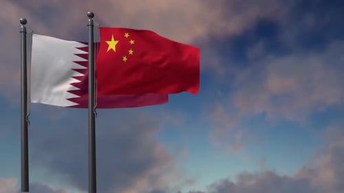 Qatar and China Flags Waving Seamlessly on Flagpoles