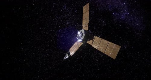 Futuristic 3D Satellite Rotating Against Starfield