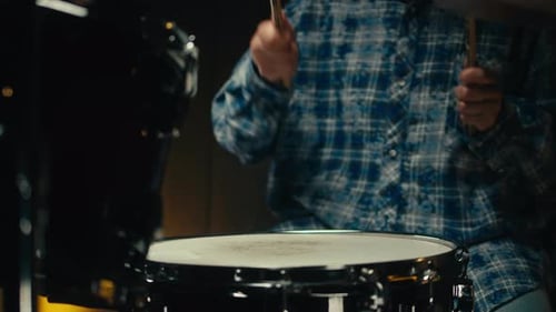 Expressive Drummer Young Woman Playing on Dums in Studio Room Closeup Rock Metall Music Artist