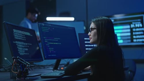 Woman programmer pointing at monitor with program code