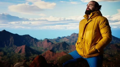 Explorador determinado contempla o céu infinito e os picos imponentes