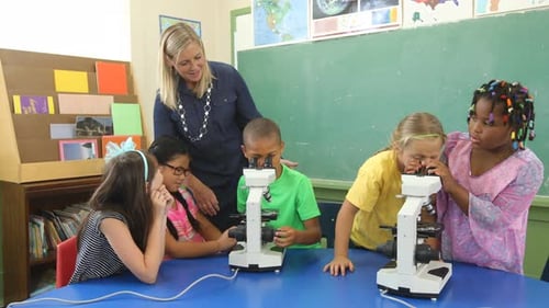 Enthusiastic children learn science with microscopes and teacher