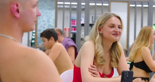 Diverse People Resting On Food Court Happy Smiling Faces Of Men And Women Dinner In Waterpark