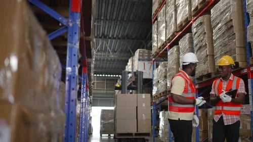 Logistics employees are working warehouse.