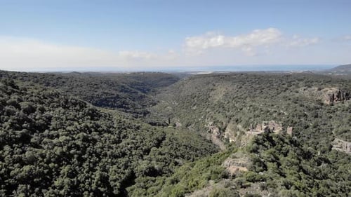 Galilee Hills with oak forest and blue sky, Aerial,Israel