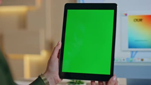 Employee Browsing Greenscreen Tablet Application at Studio Workplace Close Up
