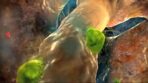 Celdas verdes vibrantes que interactúan con estructuras de fondo dinámicas