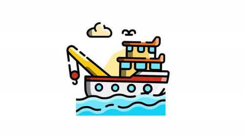 Animated Line Art Fishing Boat Icon on Wavy Ocean