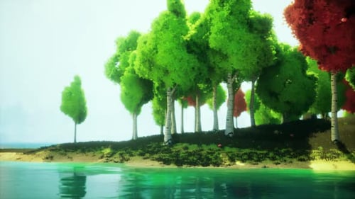 Colorful Cartoon Forest at Sunset