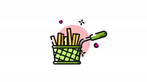 Animated Flat Design Icon of French Fries in a Deep Fryer Basket