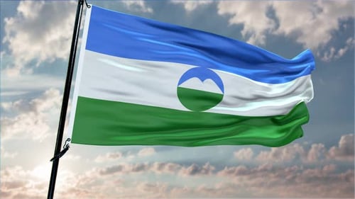 Realistic Waving Flag with Mountain Circle Emblem