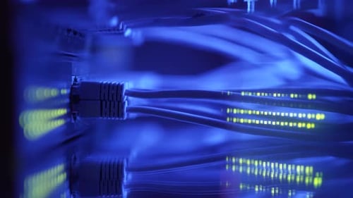 Closeup View of Modern Internet Network Switch with Plugged Ethernet Cables