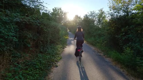 Adventure Woman Bike Riding on a Bicycle Trail Surrounded By Green Trees