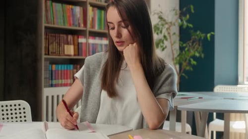 Caucasian Woman Businesswoman Classroom Library Teacher Student Girl Study Learning Writing Notebook