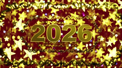 Golden New Year 2026 Title with Animated Stars and Confetti