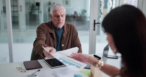 Business people, documents and meeting with statistics for finance report, analytics or analysis