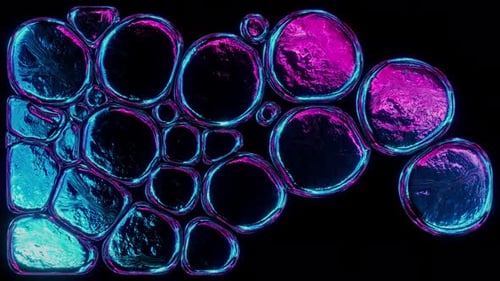 Leuchtende kreisförmige, weiche Körperformen in Neon in Rosa und Blau auf schwarzem Hintergrund