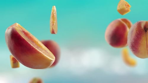 Flying Peach and Peaches Slices in Beach Tropical Summer Background