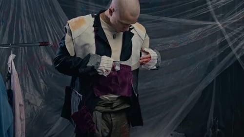 Portrait of Young Talented Craftsman Trying On Handmade Jacket in Studio