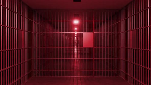 Roter Gefängniskorridor mit hellem Licht am Ende