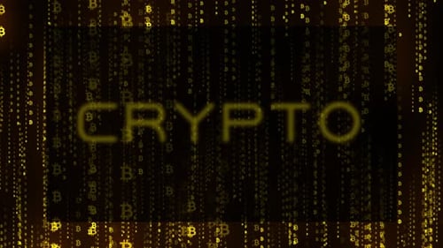 Digital Bitcoin Symbols Falling with Crypto Text