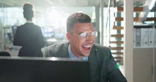 Business man, computer and fist pump for win, trader and stock market increase with success