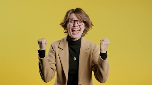 Stylish BusinessWoman Shows Triumph Yes Victory Gestureshe Won Jackpot Lottery