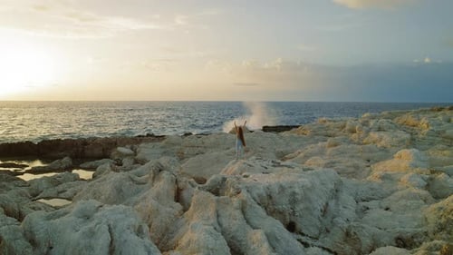 Woman with raised arms celebrating ocean sunset on rocky coast