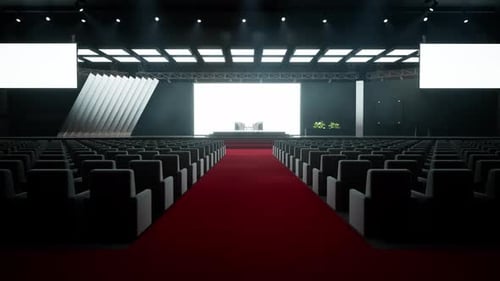 Empty Modern Conference Hall with Red Carpet and Bright Stage Lighting
