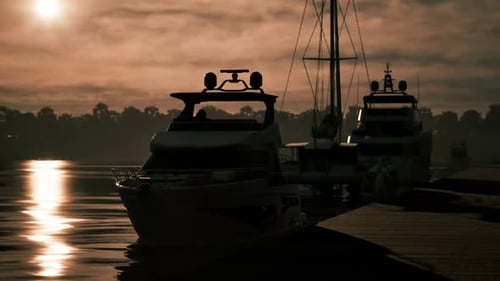 Luxury Yachts Moored at Dusk Along a Serene Waterfront Near a City Skyline