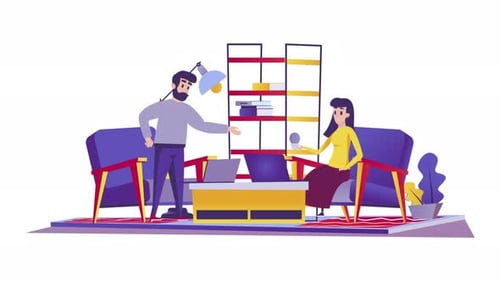 Flat Design Animation of Man and Woman Collaborating in Office