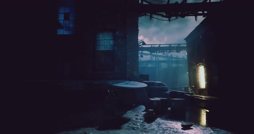 Mysterious Alley Illuminated in Urban Industrial Environment at Night