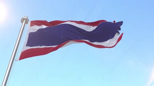Waving Thailand National Flag on Pole with Bright Blue Sky
