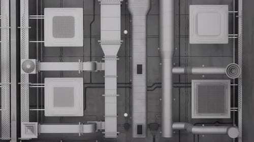 Diversos tipos de comunicaciones y ventilación en el techo. Render 3D