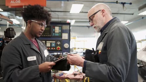 Travailleurs d'un atelier d'usinage examinant la partie 20-24