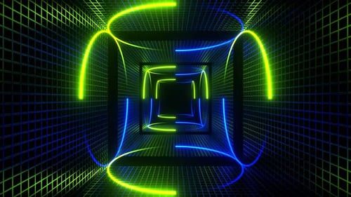 Blue And Green Neon Circle Lights In Square Frames Background Vj Loop In 4K