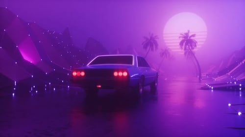 Backdrop Of Glowing Foggy Road With Landscape And Riding Car