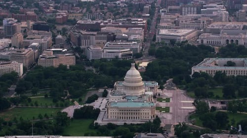 Aerial view of the us capitol building and Washington dc at sunrise in 2017