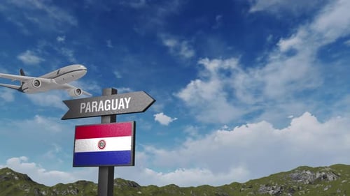 Paraguay Flag With Airplane And Arrow Sign