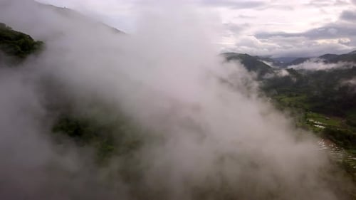 Aerial view flying thru the morning rain cloud covered tropical rain forest mountain landscape durin
