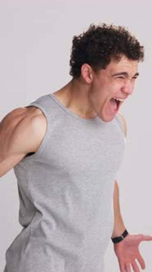 Fitness, man or scream in studio for motivation, training or workout on white background