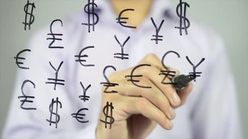 Hand Writing Currency Symbols On Clear Surface