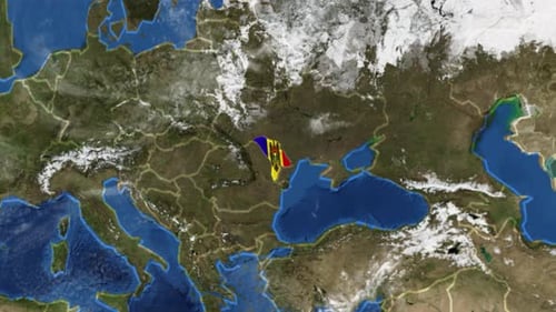 Карта Молдовы с флагом Молдовы, приближенная к пространству с помощью фотографии настоящего глобуса