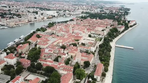 Zadar, Croatia. Aerial view of city center and main landmarks at sunset