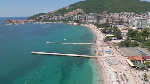 Beach on the Adriatic Sea. Sun. Clear blue water. Aerial view.