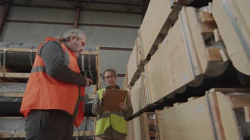 Lagerarbeiter scannt Barcodes auf Regalen mit Kartons und spricht mit einer Vorarbeiterin