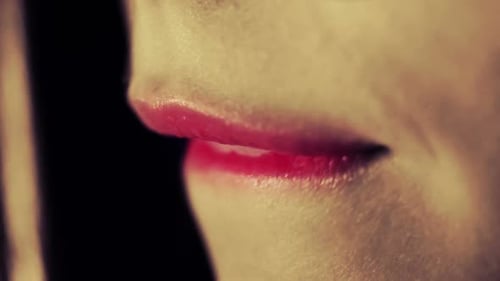 Lips Close Up/Sexual Woman Bites Lip/Red Lipstick on Fashion Model Lips/Model Makeup/Sexual
